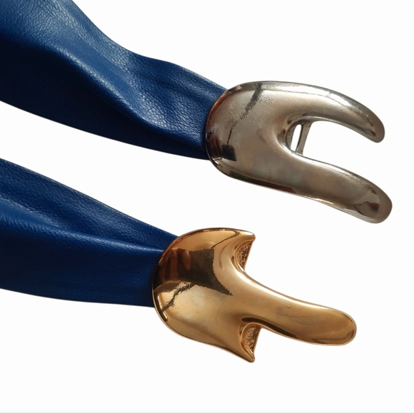 Vintage Blue Faux Leather 2" Wide Belt  w/ 2pc Gold/Silver Abstract Buckle Sz M - Picture 6 of 8